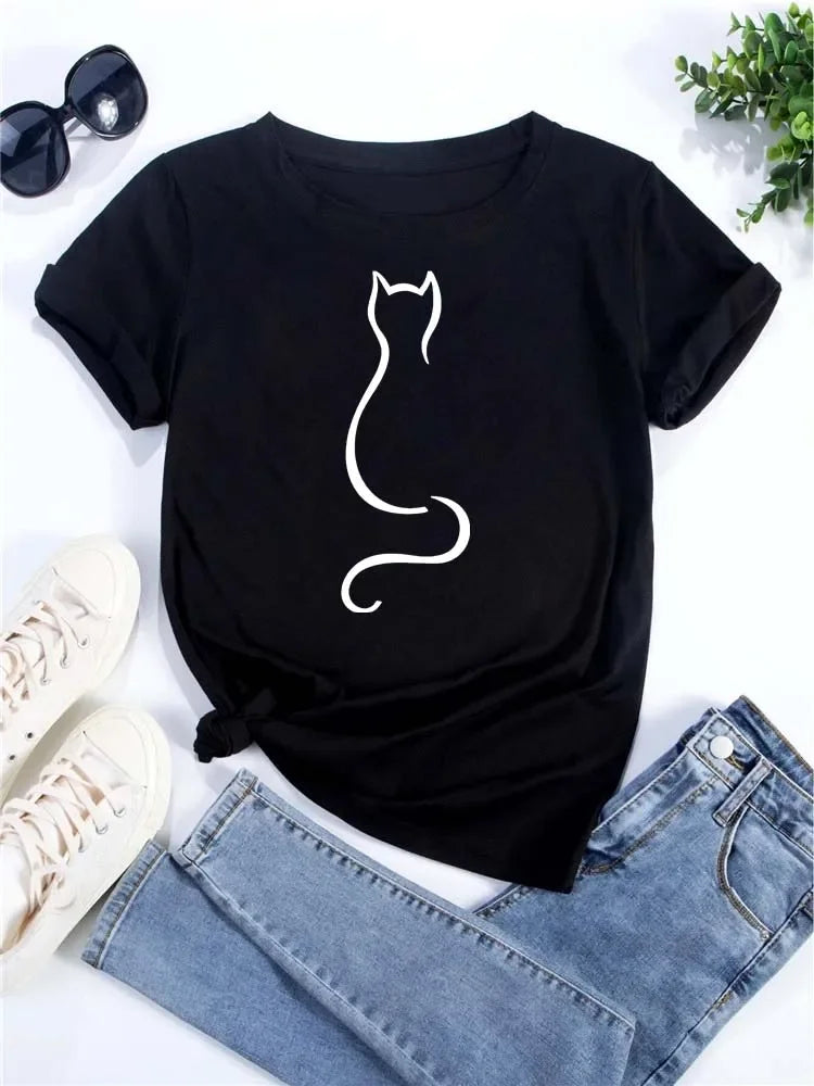 Love Heart Cat Print Women's Casual T-Shirt