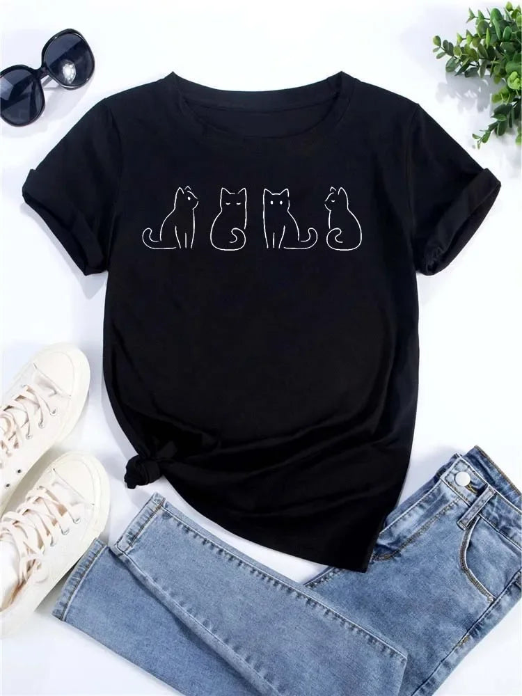 stylish casual cat print t-shirt women