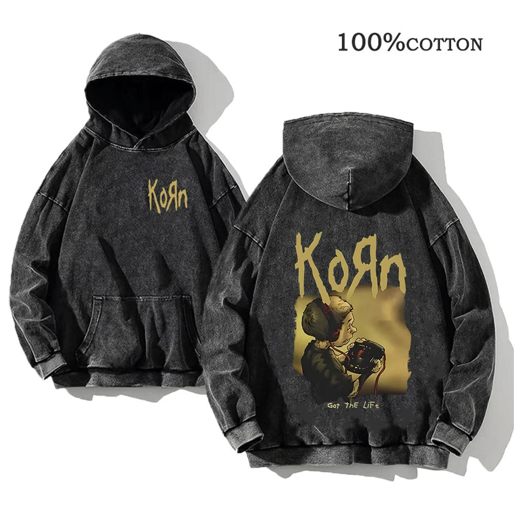 washed black Korn hoodie